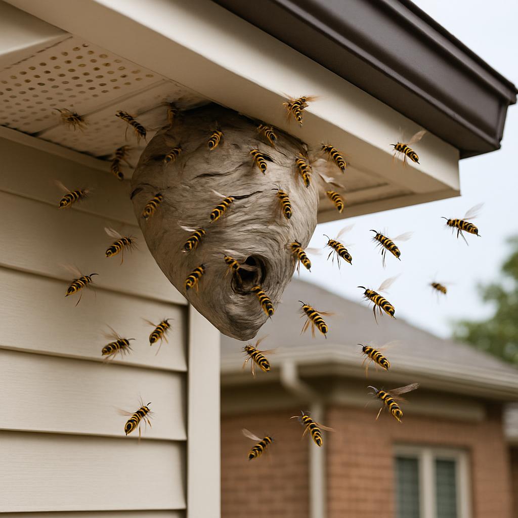 Multiple yellow and black wasps flying around a large gray and white hive on the side of light-colored building, with some...