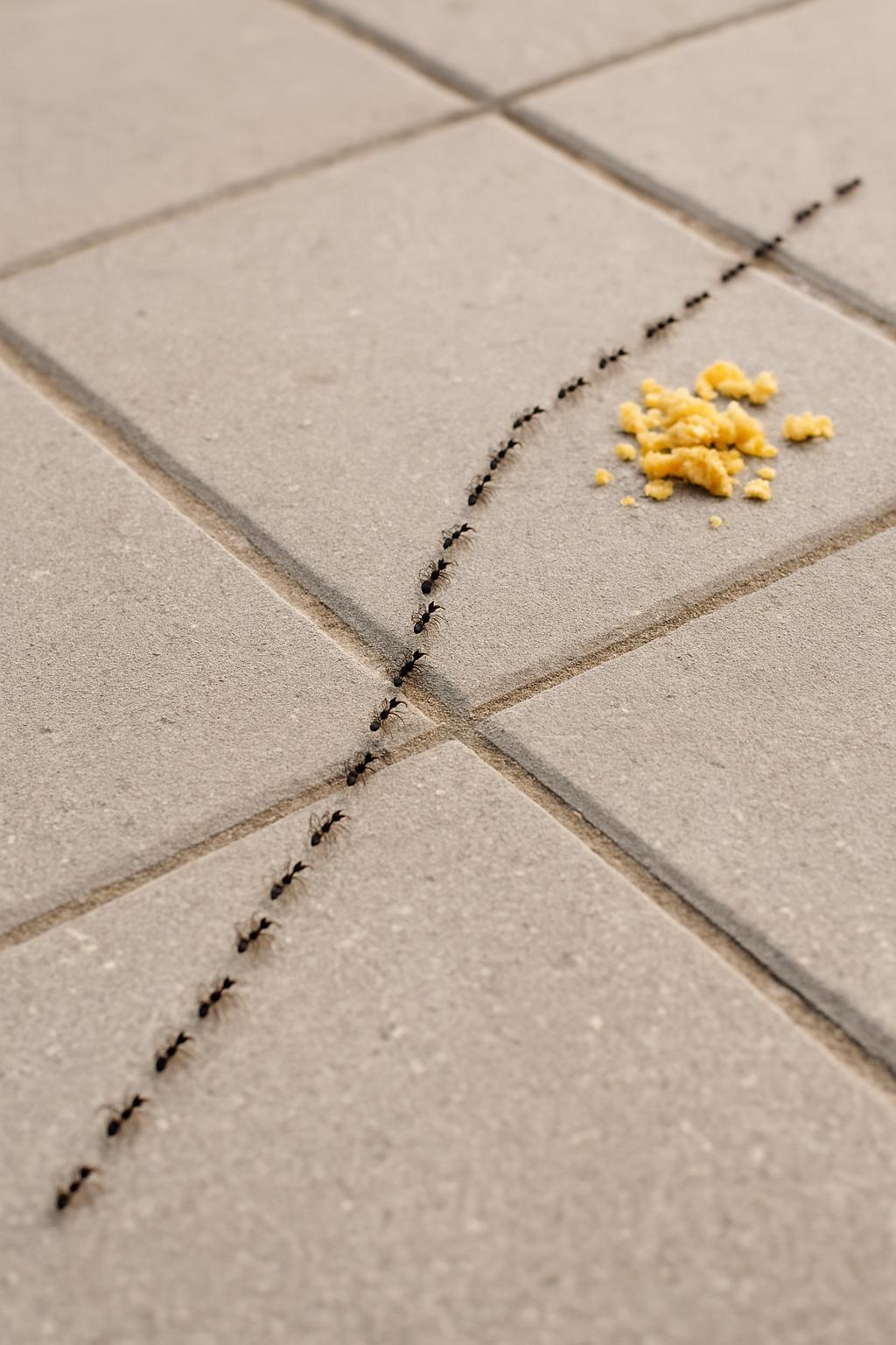 title A group of ants marching in unison, carrying food to their colony.