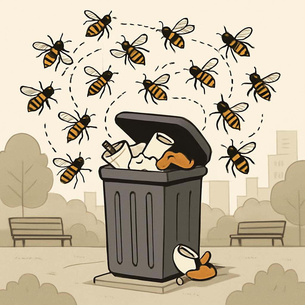 Solid gray trash container overturned with garbage in open top bin and paper missing, surrounded by bees on park background.