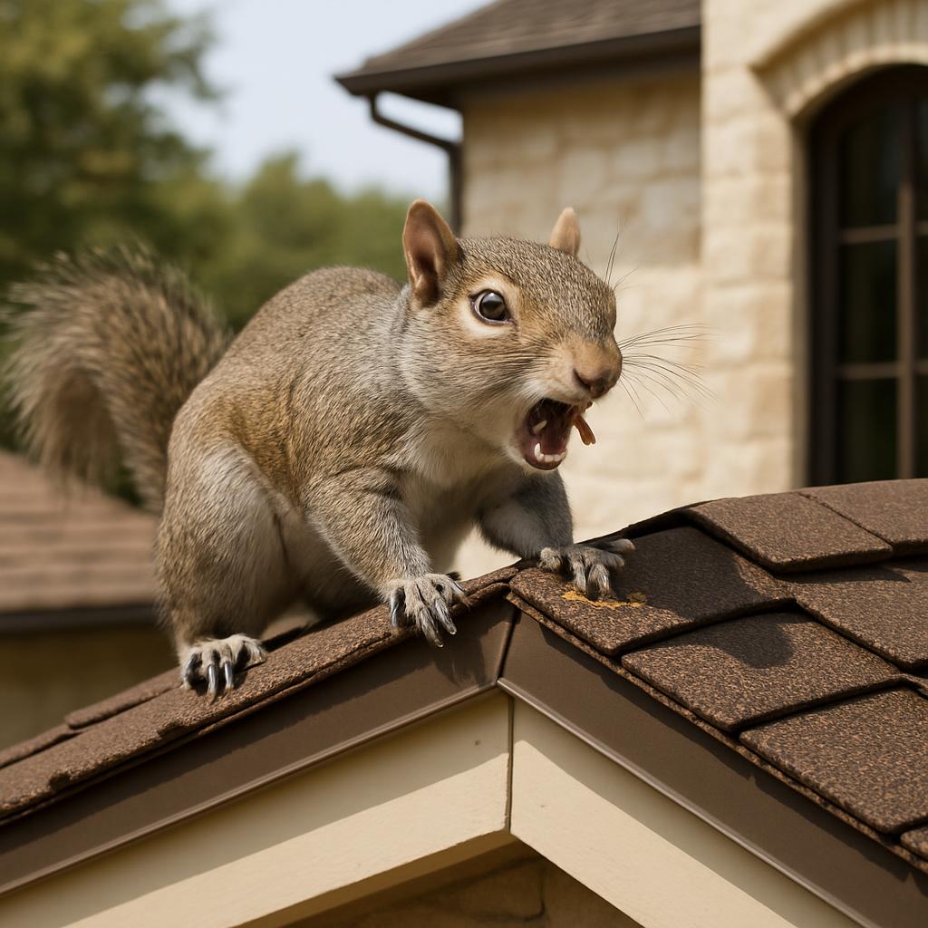 A squirrel stands on the roof of a house, its mouth open as if in mid-shriek.