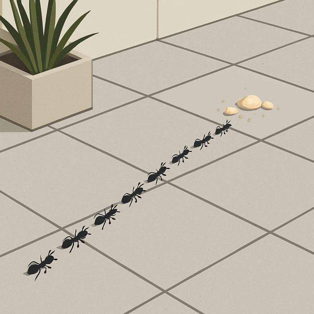 An illustration of a row of ants moving across a tile floor to collect crumbs, with a potted plant nearby.